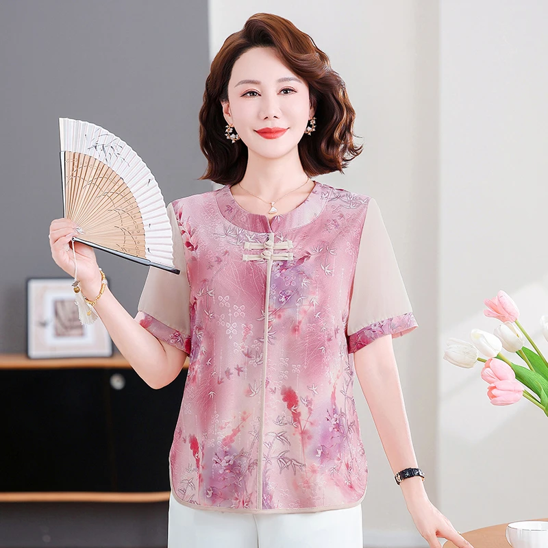 妈妈夏季中国风上衣女款2025新款中式短袖小衫中老年宽松显瘦t恤