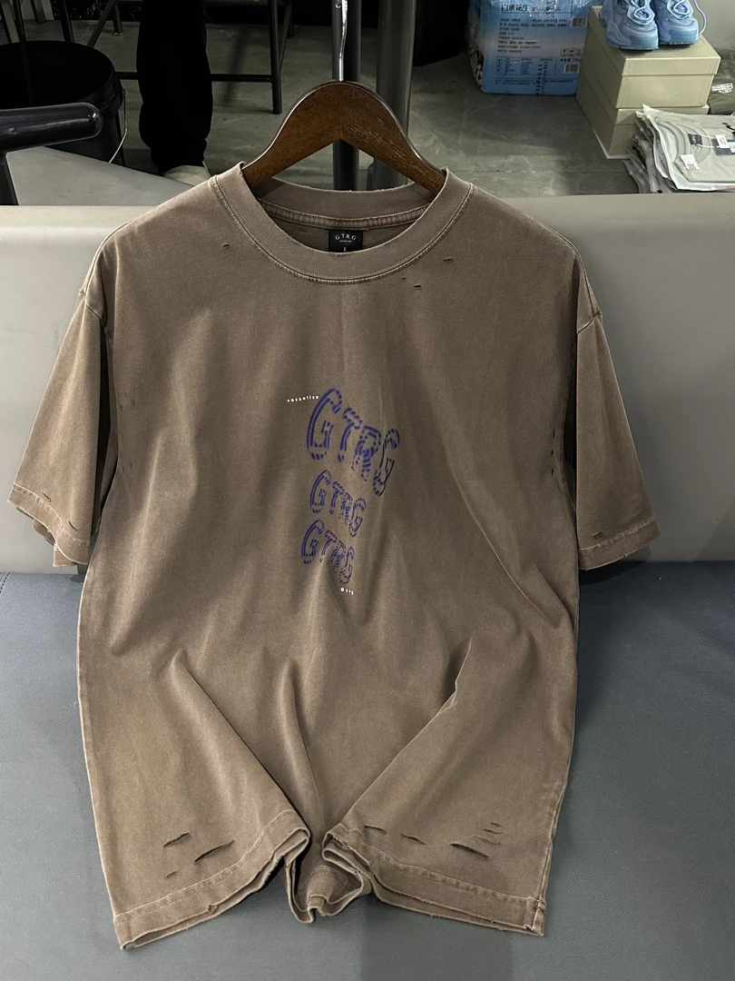 成哥潮牌高品质水洗做破工艺宽松小圆领短袖T恤-217