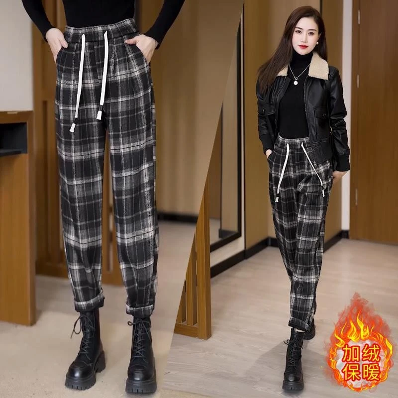 保暖加厚复古格子哈伦裤女士秋冬季2025新款流行宽松显瘦休闲长裤
