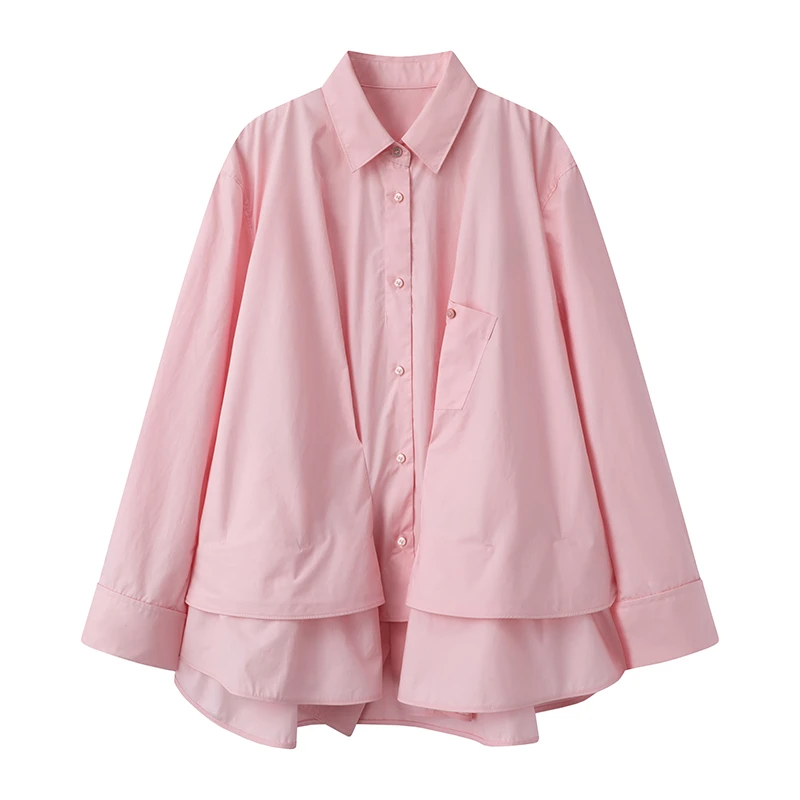 【春风叠褶】春季新品时尚翻领下摆双层设计宽松长袖衬衫Y8390