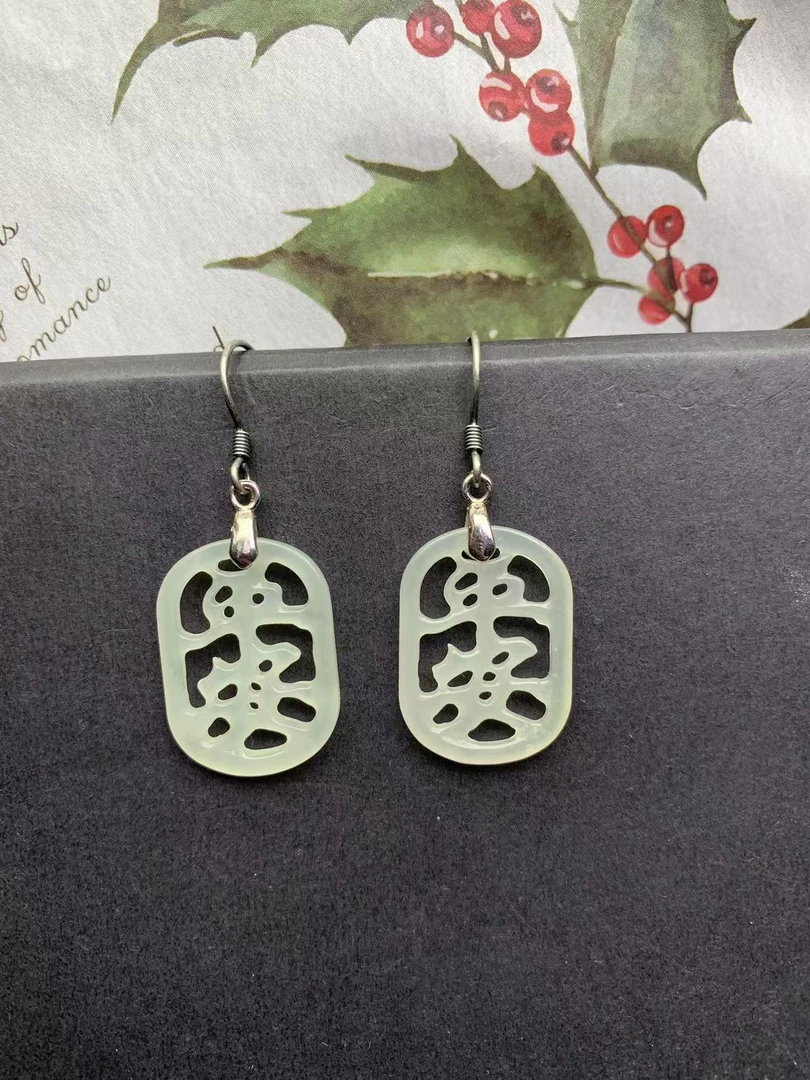 高端天然和田玉耳饰时尚S925银简约白色真玉耳环复古百搭精美F2