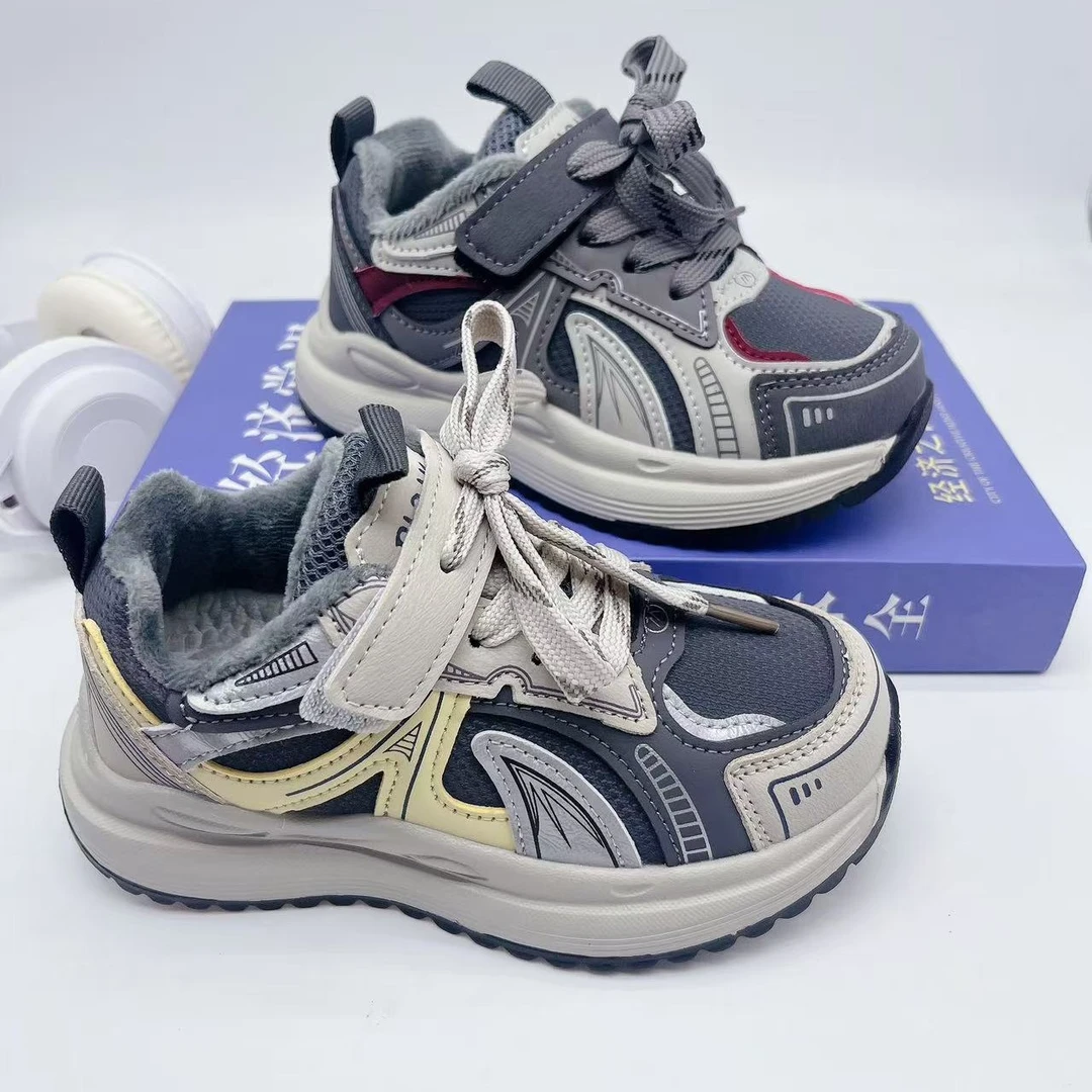 秋冬新款大棉皮面加绒保暖防滑软底魔术贴男女童老爹款运动鞋休闲