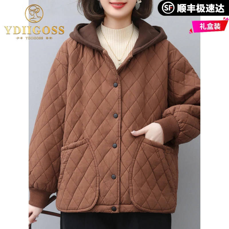 伊蒂格世夹棉连帽棉衣女秋冬新款中年大码显瘦纯棉外套休闲棉服