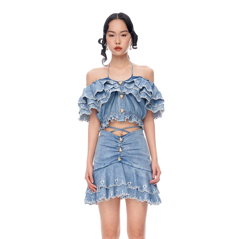 【陈大可】LEFAME/拉飞姆双层荷叶芭比字母绣花欧美牛仔上衣