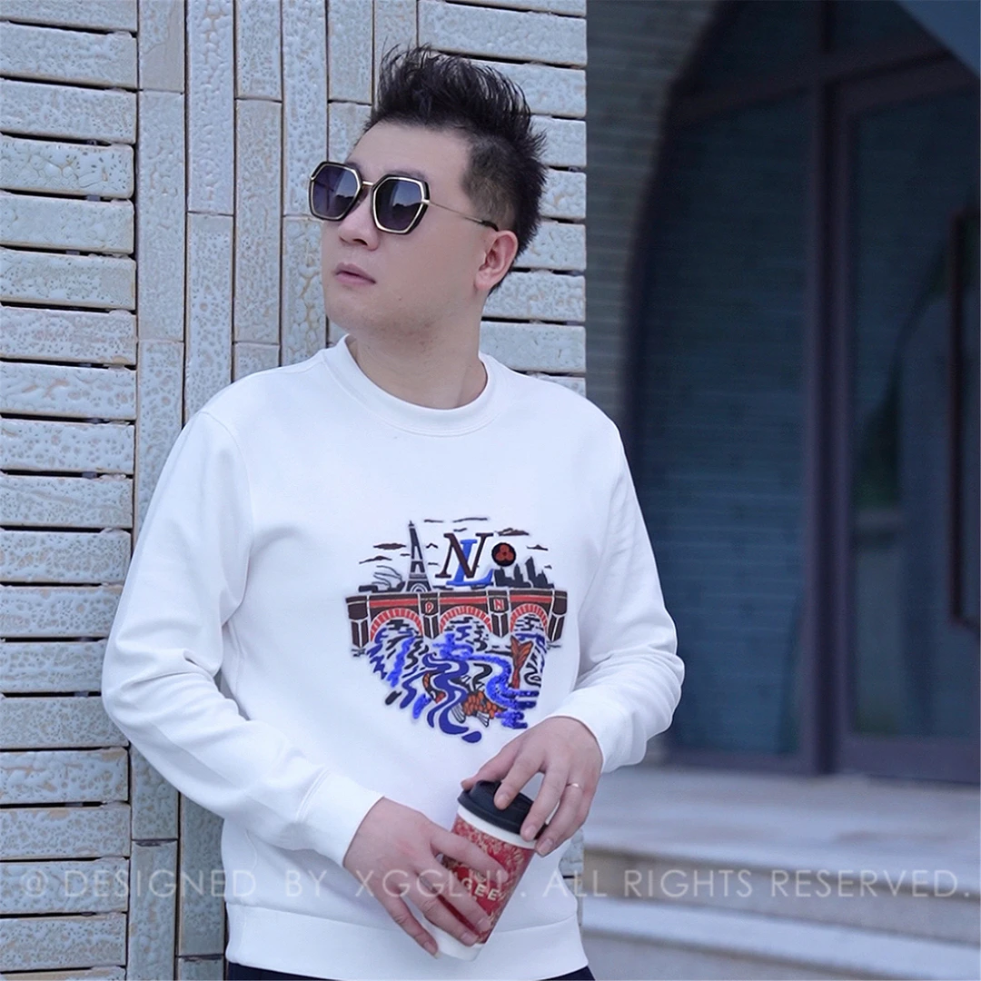 正品XGGLNI秋冬三拱桥蓝色河流高端男装男士潮牌卫衣长袖（加绒款）