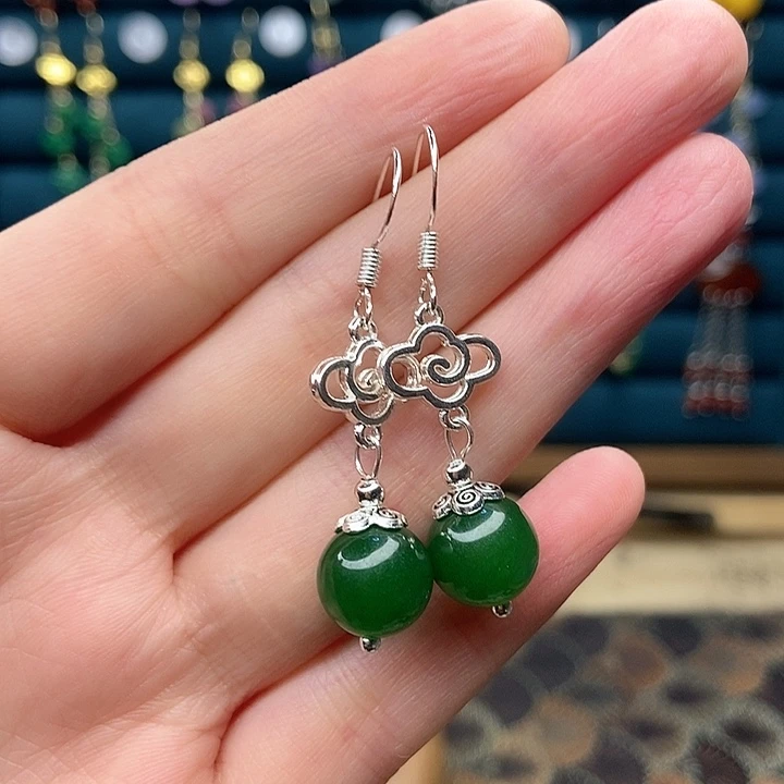 石英质玉耳钉银S925镶嵌