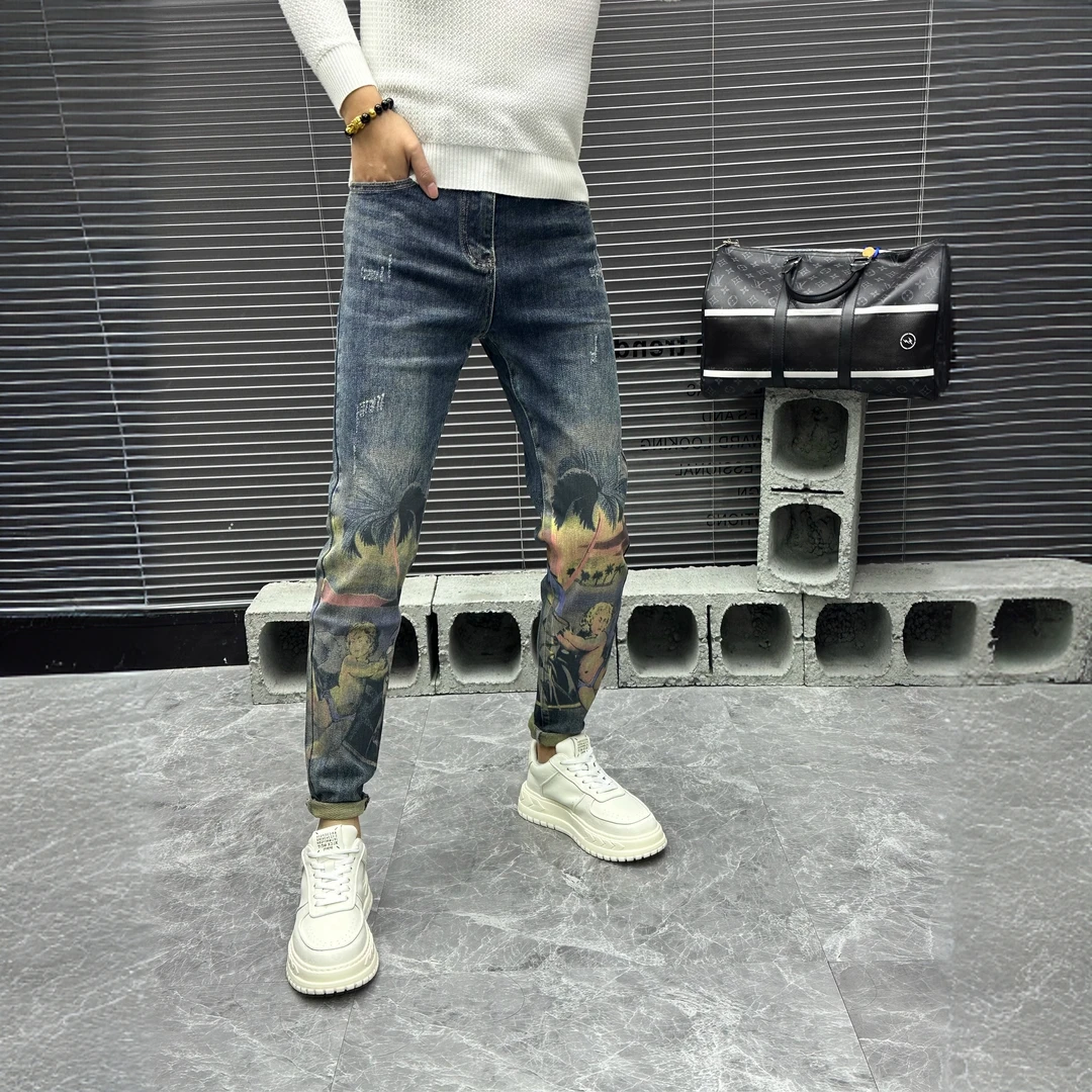2025新款高端欧货重工艺拔染弹力男士牛仔裤休闲时尚百搭小脚裤男
