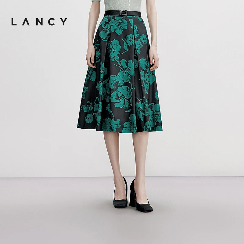 LANCY/朗姿秋新款真丝复古印花中长半身裙高腰A字大摆半裙女
