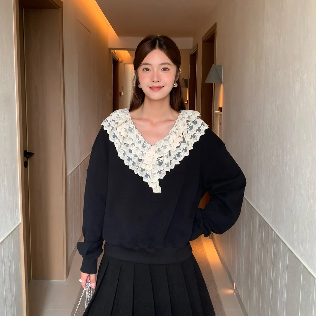 10.27广州十三行25冬法式慵懒甜美减龄套头蕾丝荷叶边卫衣女F6990