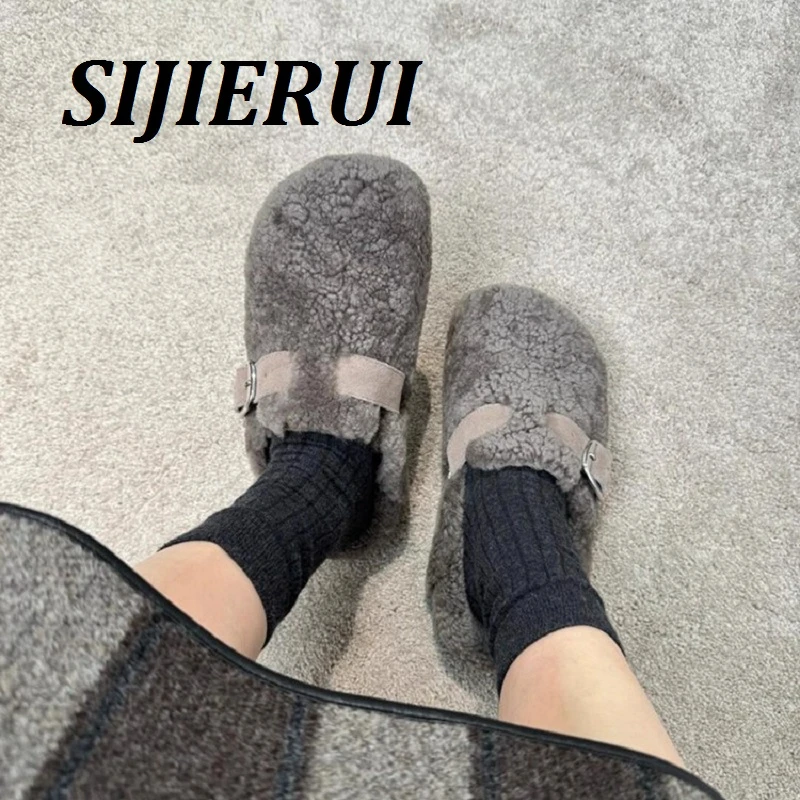 SIJIERUI毛绒勃肯鞋2026年春季加绒保暖外穿厚底一脚蹬包头拖鞋女
