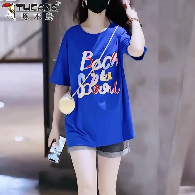 【啄木鸟】夏季新款潮牌纯棉短袖韩版t恤韩系大码女装V领T恤