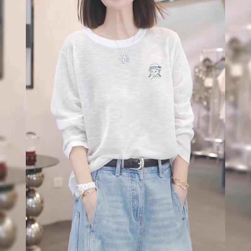 雪花棉薄款圆领长袖t恤女2025新款早秋新款时尚百搭白色上衣ins潮