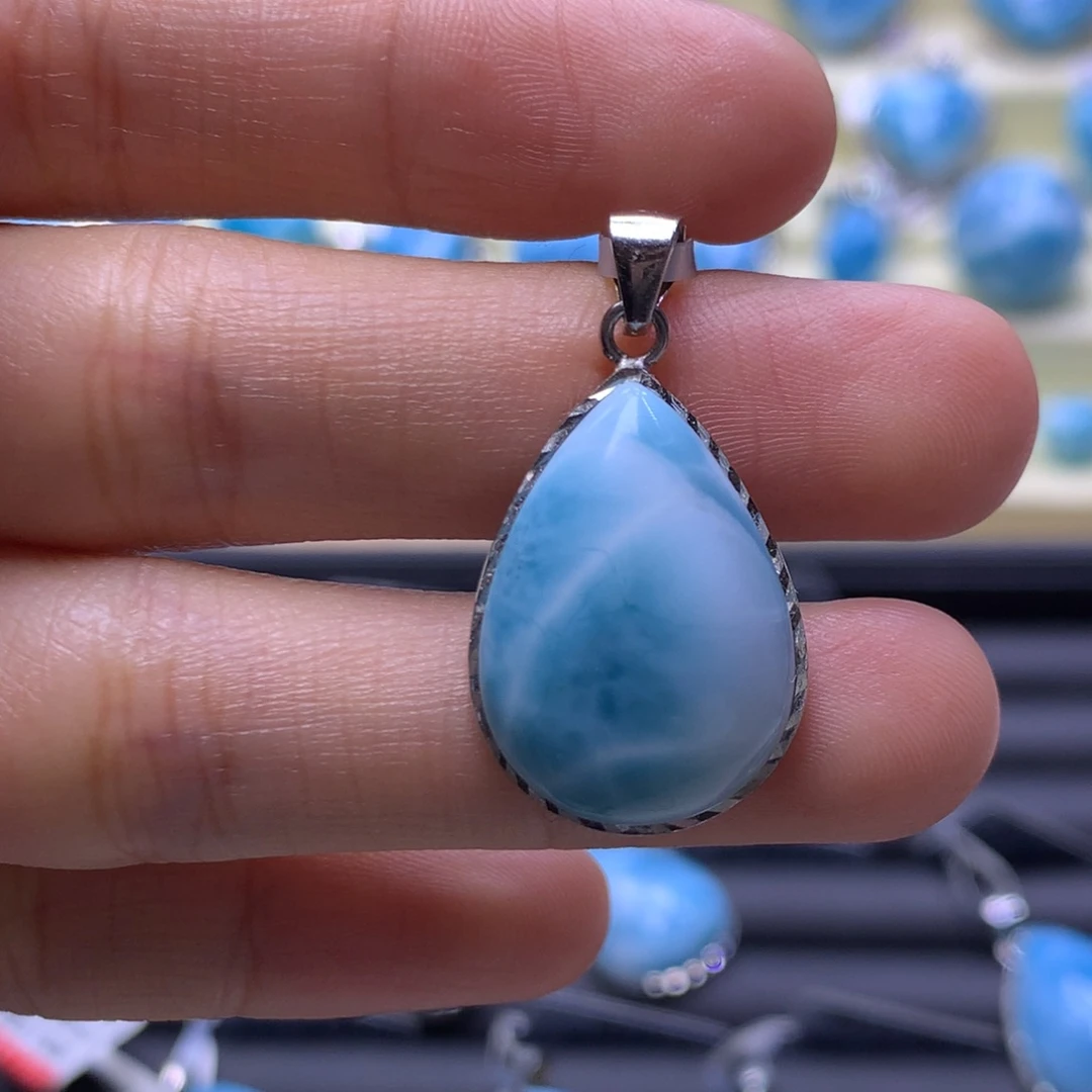 针钠钙石（海纹石）银S925镶嵌吊坠(不含链)水滴吊坠色差略异