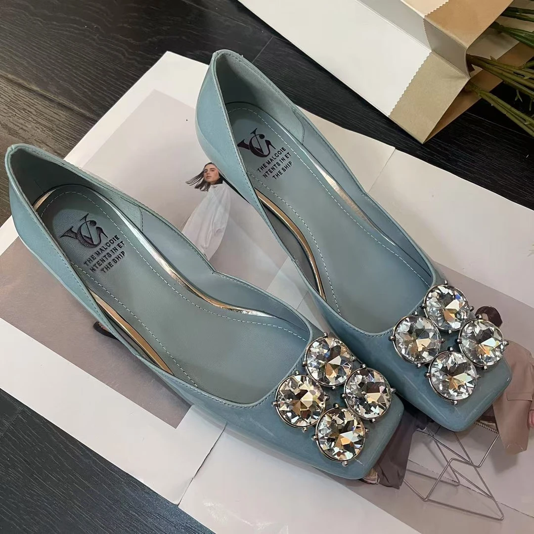 【刘公子】2025春夏季牛皮方头水钻百搭时尚浅口粗跟法式单鞋5cm