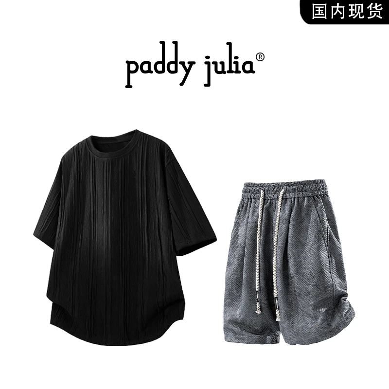 Paddy julia短袖t恤套装男士夏季薄款肌理感扎染短裤休闲服一整套