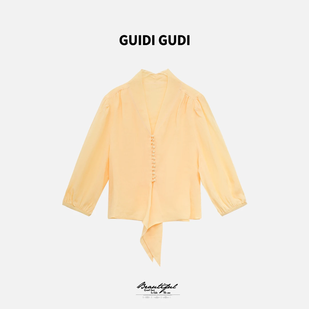 GUIDI GUDI【名门】黄加蓝气质女人味纱纱长袖上衣 T9520062H