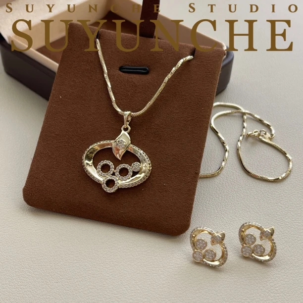 铜合金项链 Suyunche2697绿金色两件套大气复古夸张项链耳环