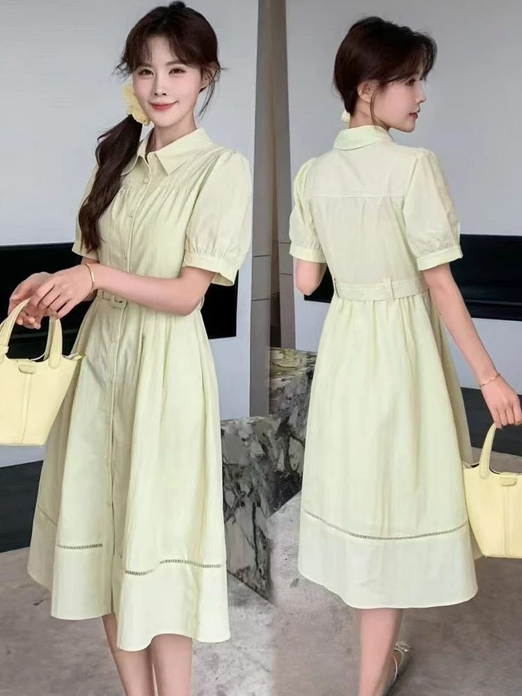 小清新设计感蓝色连衣裙中长款女2025夏季新款时尚修身腰带衬衣裙