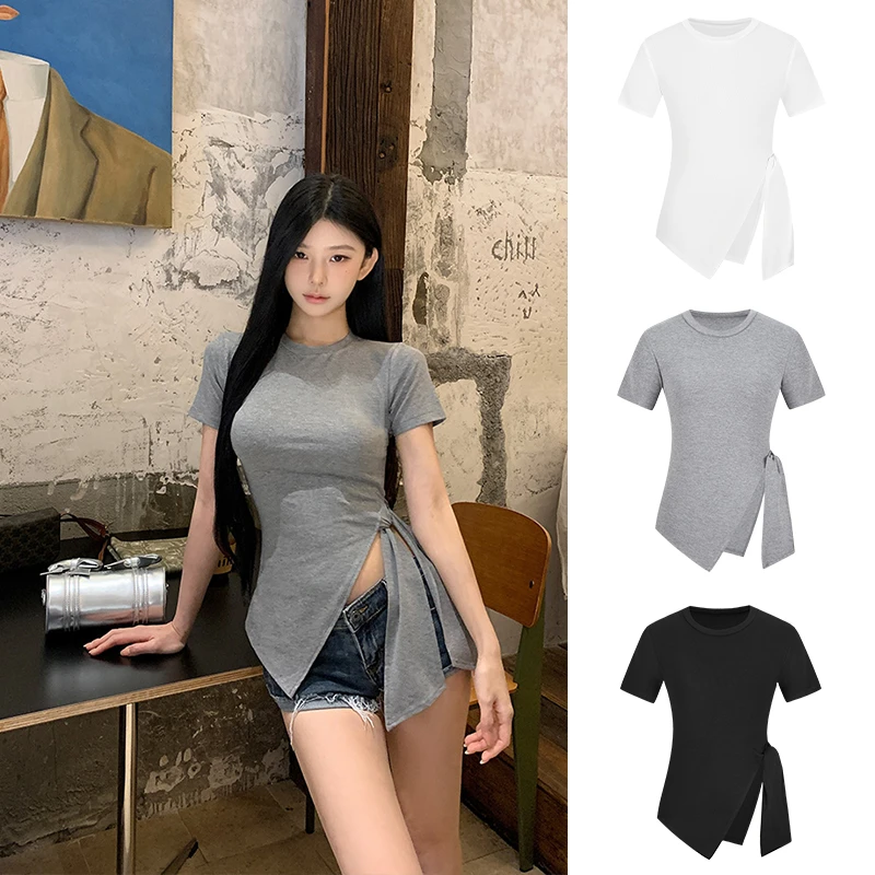 MosesQueen/魔西女王 设计感掐腰系带短袖T恤修身显瘦正肩上衣