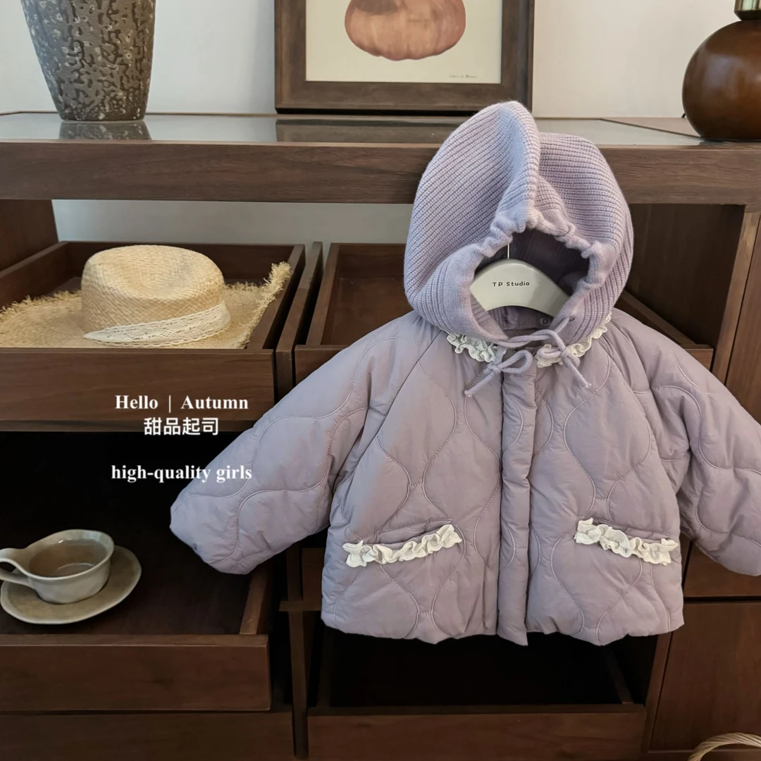 【现】【甜品起司】芋泥小蛋糕！韩系女宝宝花边夹棉外套公主连帽棉服