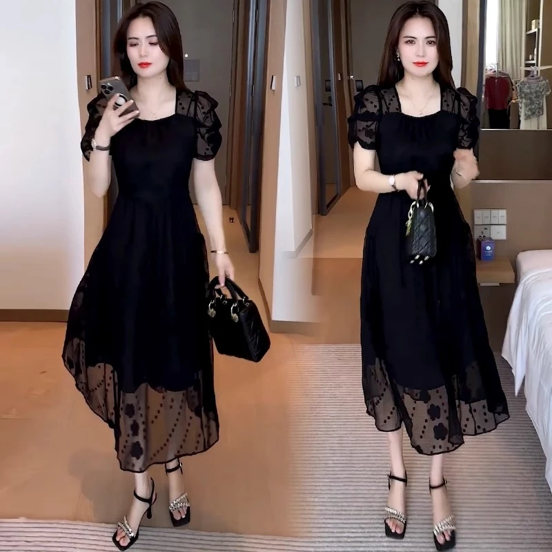 黑色蕾丝方领连衣裙女2025夏季新款收腰A字显瘦气质网纱中长裙子
