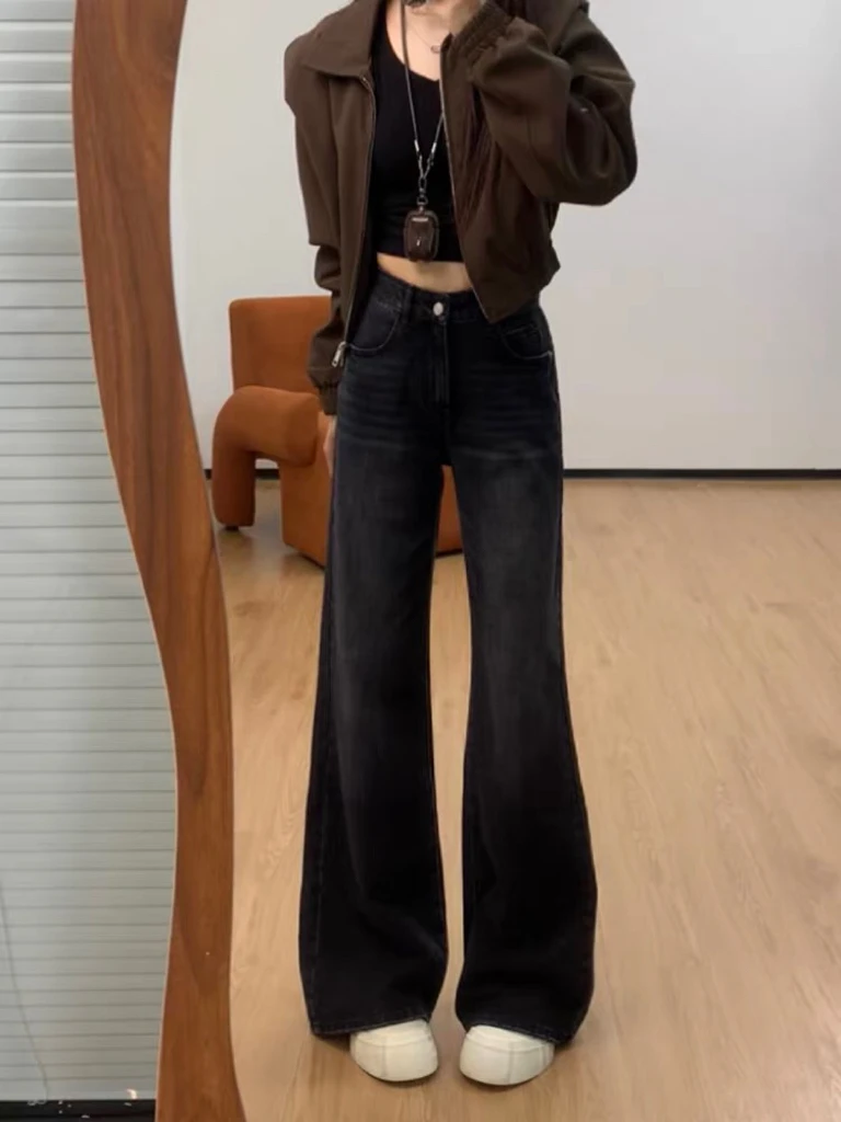 高个子加长版美式复古微喇牛仔裤女夏季高腰显瘦不贴腿拖地阔腿裤