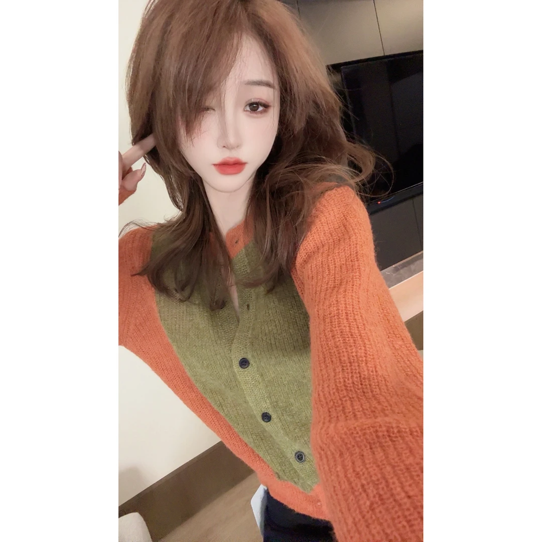 【CHEN】秋冬洋气设计感拼色毛衣慵懒减龄显瘦长袖针织开衫24121802