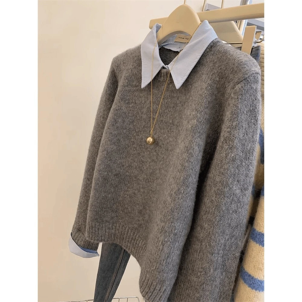 【KKCOCO】  假两件衬衫领毛衣女内搭慵懒风撞色翻领灰色针织衫上衣