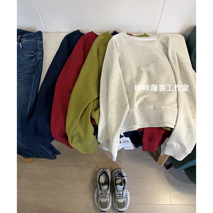 REKAYYAT"果酱"韩系时尚洋气显瘦纯色长袖圆领毛圈小卫衣