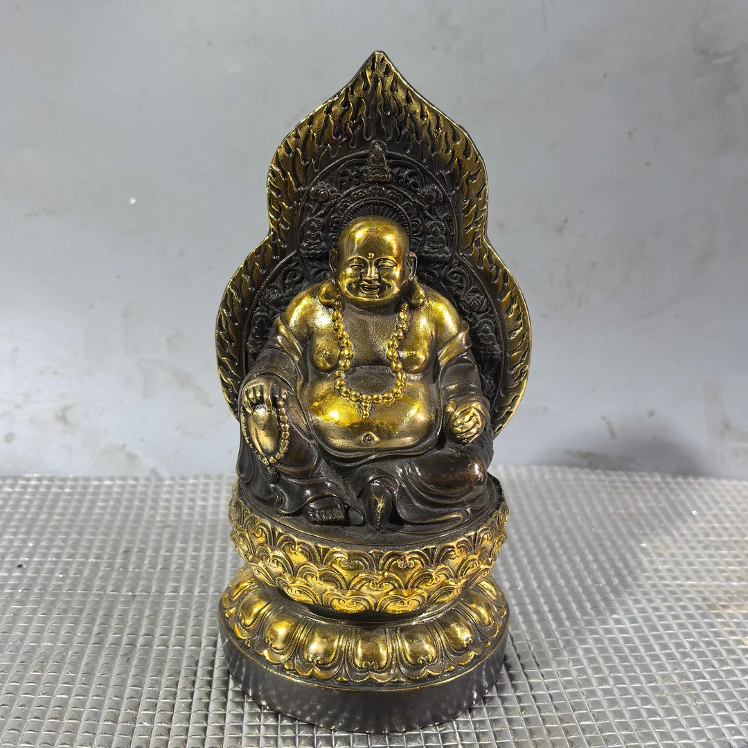 古玩铜器收藏仿古黄铜鎏金弥勒佛笑佛室内家居工艺品装饰摆件