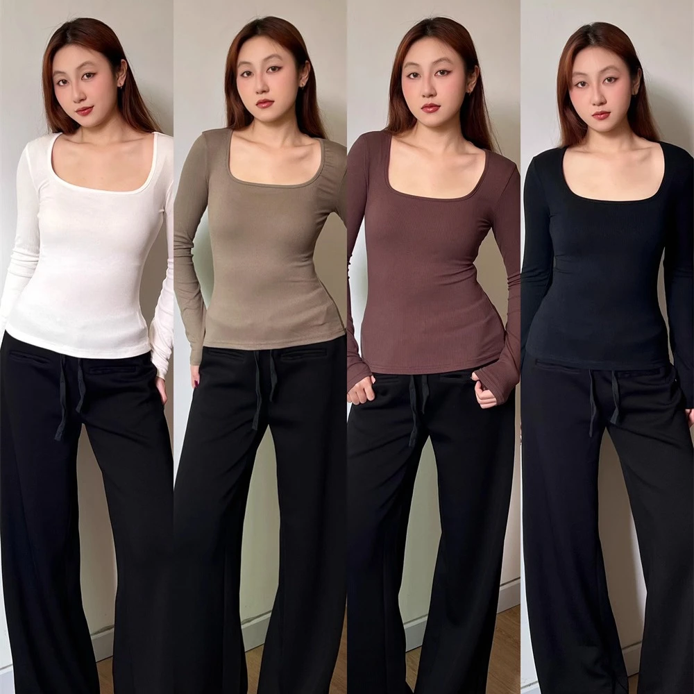 Wild Mi 2025春秋季新款欧美潮牌方领长袖T恤女修身显瘦内搭A4627