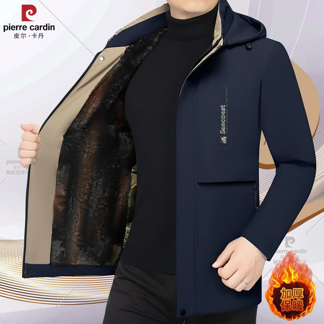 正品皮尔卡丹冬季高档男士加绒加厚保暖棉服中年时尚品质棉服男装