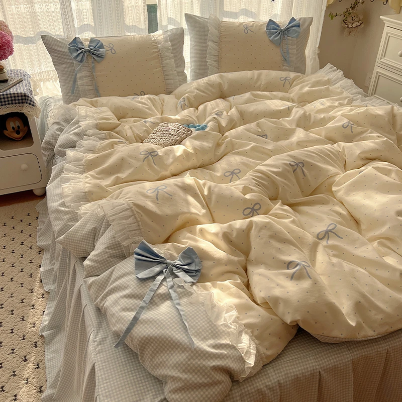 2025春夏新款水洗棉拼接花边床上四件套床单被套学生宿舍三件套