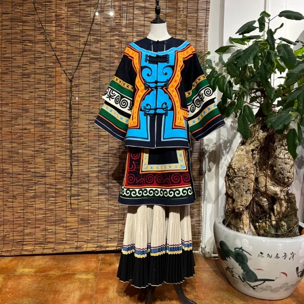 彝饰港重工黑色彝族服装女款手工款套装