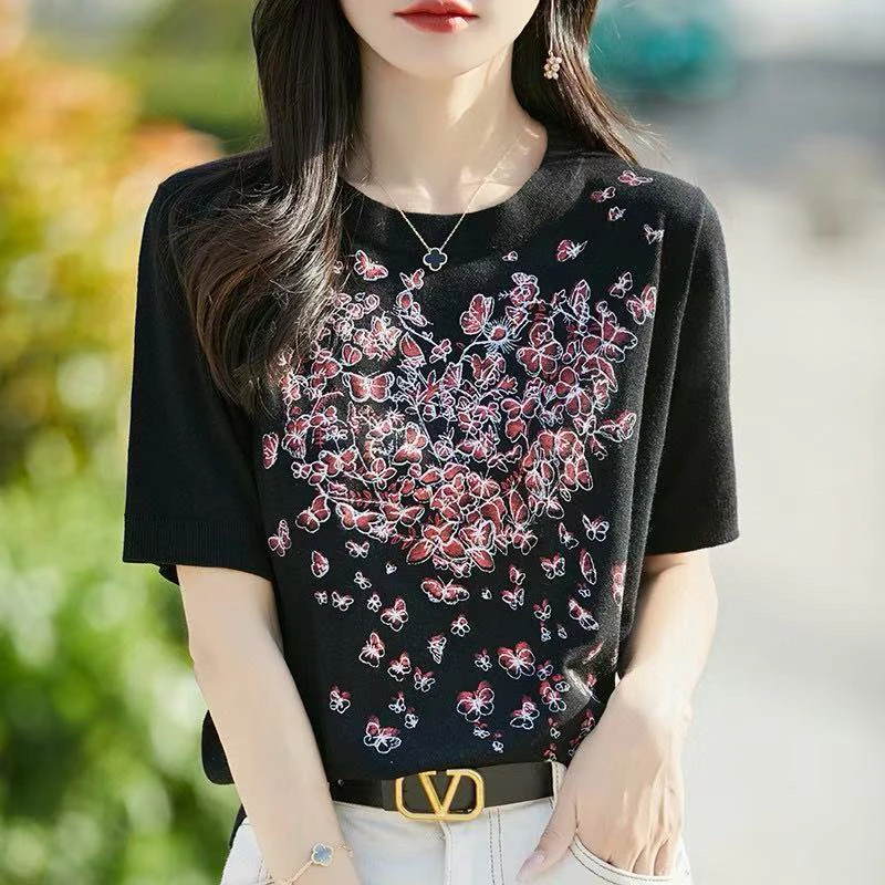 女士16G桑蚕丝蝴蝶印花短袖