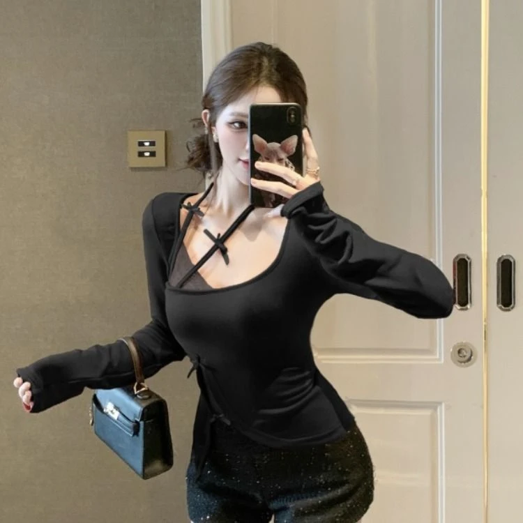 2025春季长袖时尚辣妹修身显瘦设计感T恤女上衣内搭超火爆新款