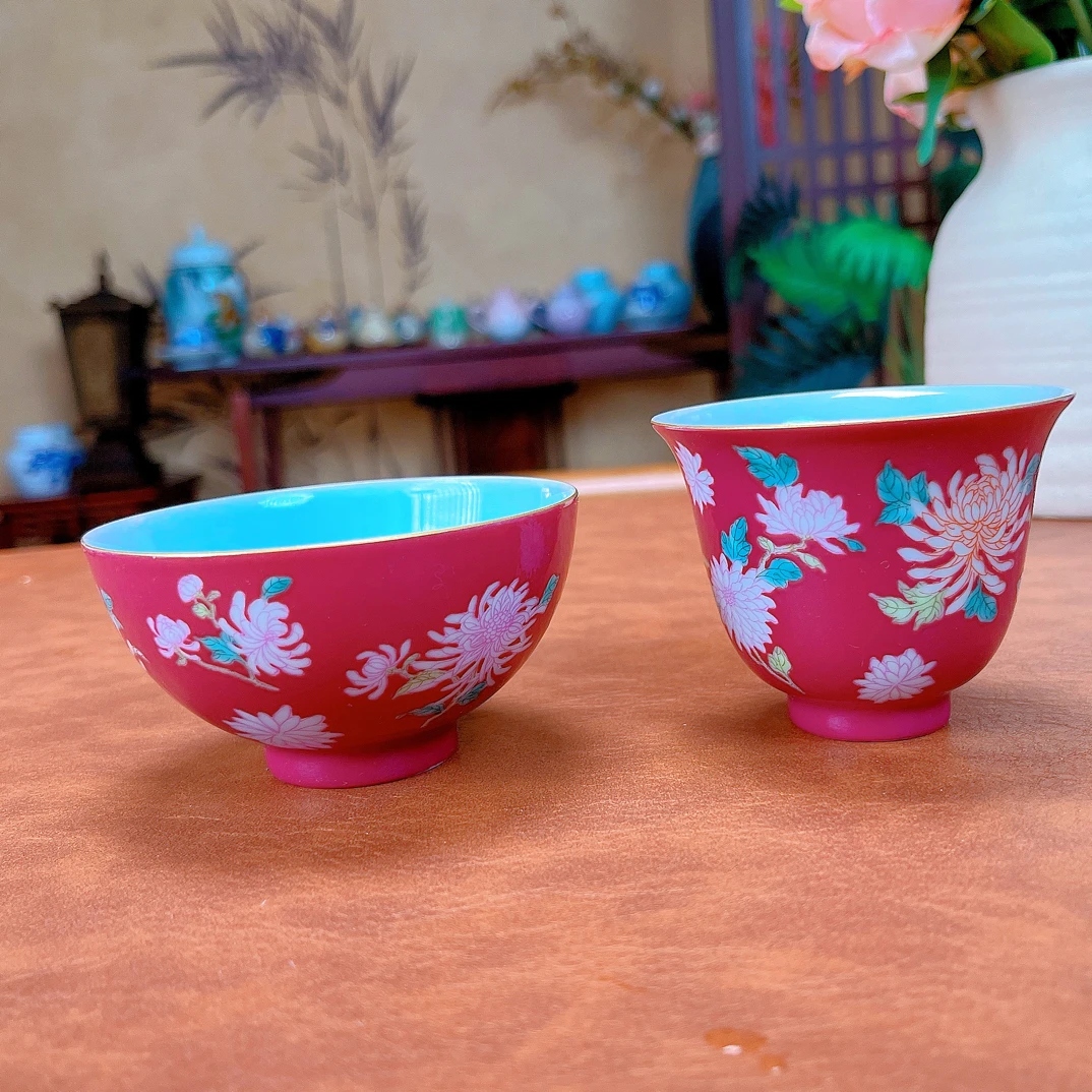 景德镇手绘胭脂红菊花花卉主人杯粉彩品茗杯茶杯