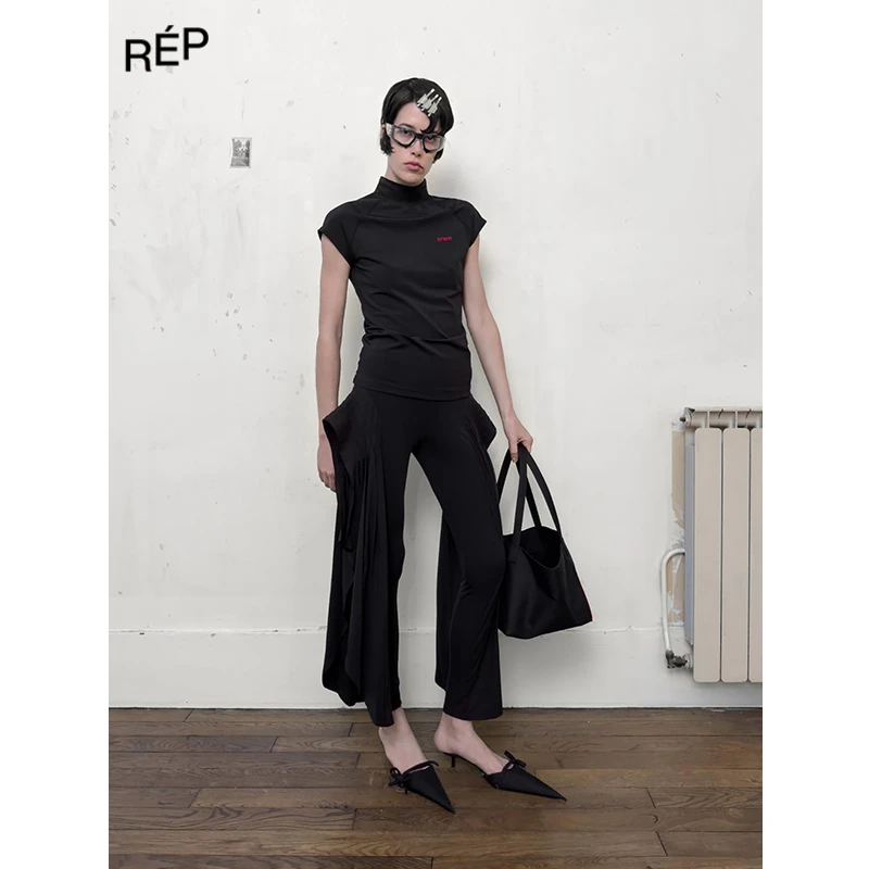 BONBOM设计师品牌黑色半高领运动三角袖T恤25PF早秋新品