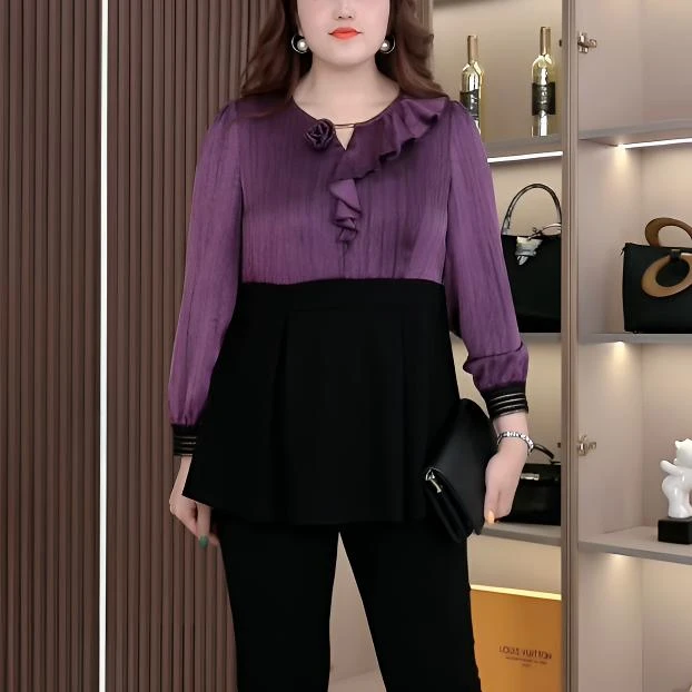秋季新款洋气大码女装拼接气质宽松显瘦遮肉显瘦上衣长袖ZB6636