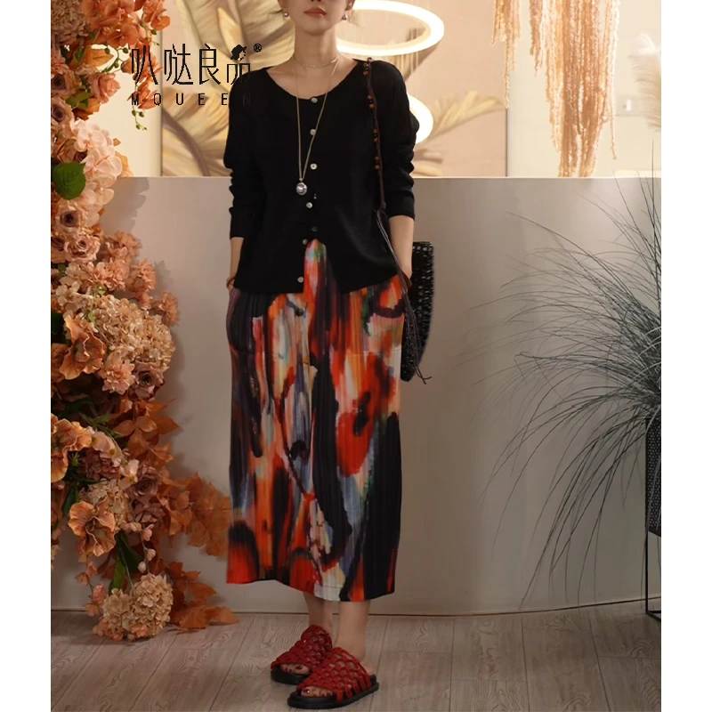 Y【叭哒不惑】枫林尽染 夏季褶皱油画艺术优雅半身裙百搭半身裙