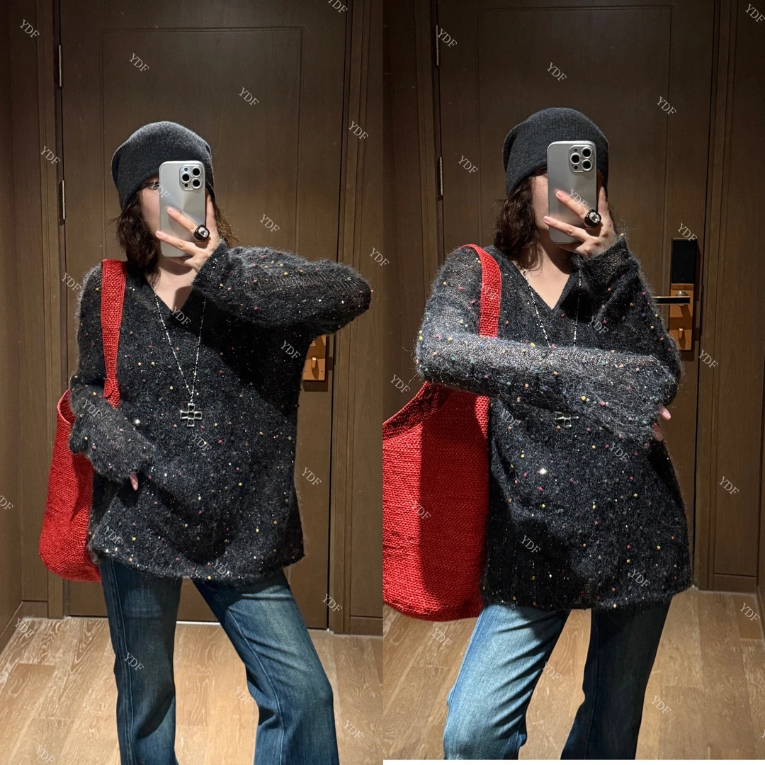 YDFSTUDIO小众【彩点人生】欧货早秋重工彩点设计时尚V领马海毛衣