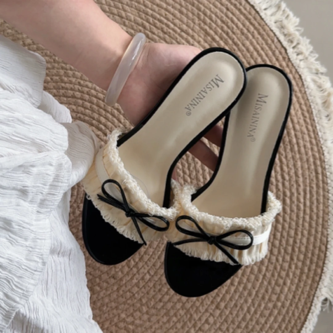 夏季蝴蝶结通勤流苏法式凉鞋女鞋圆头高跟细跟一字拖