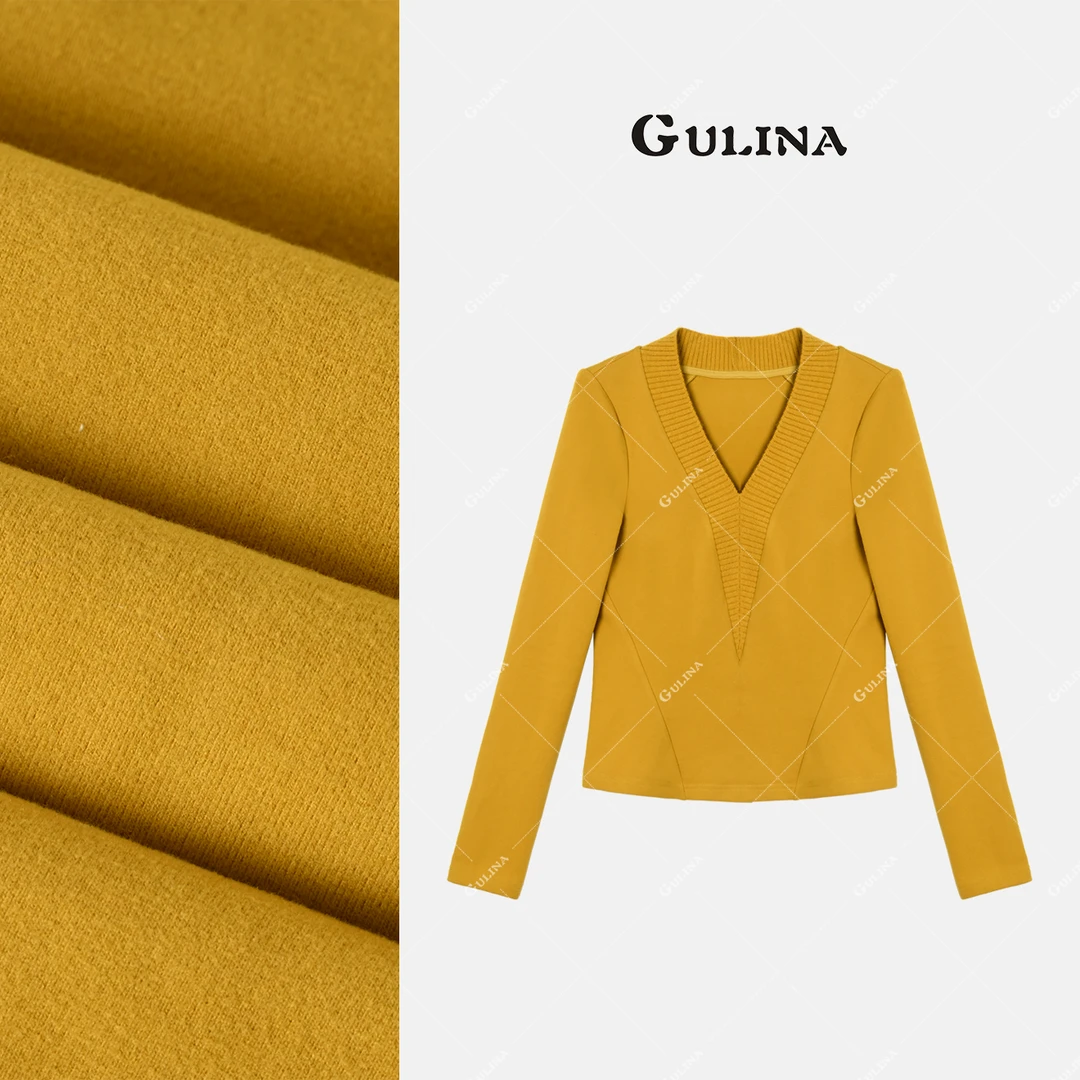GULINA/娜姐夏欧洲站设计师百搭拼接净色长袖T恤女68189-1