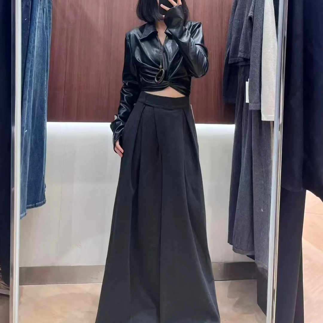 站V领长袖PU皮衬衫女秋季新款修身辣妹交叉绑带短款皮衣