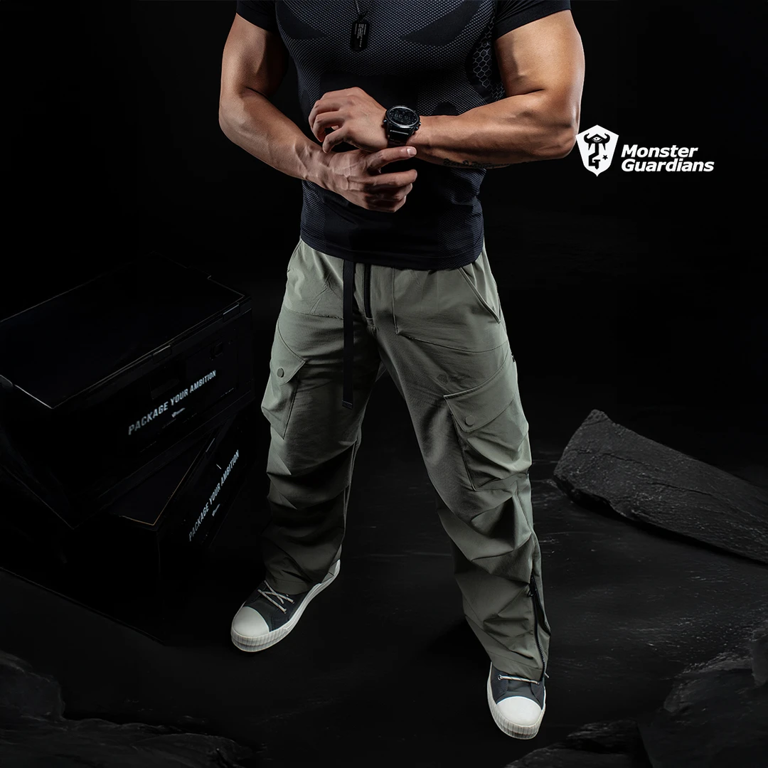 MonsterGuardians双色抗撕裂四面弹直筒打褶运动休闲伞兵工装裤