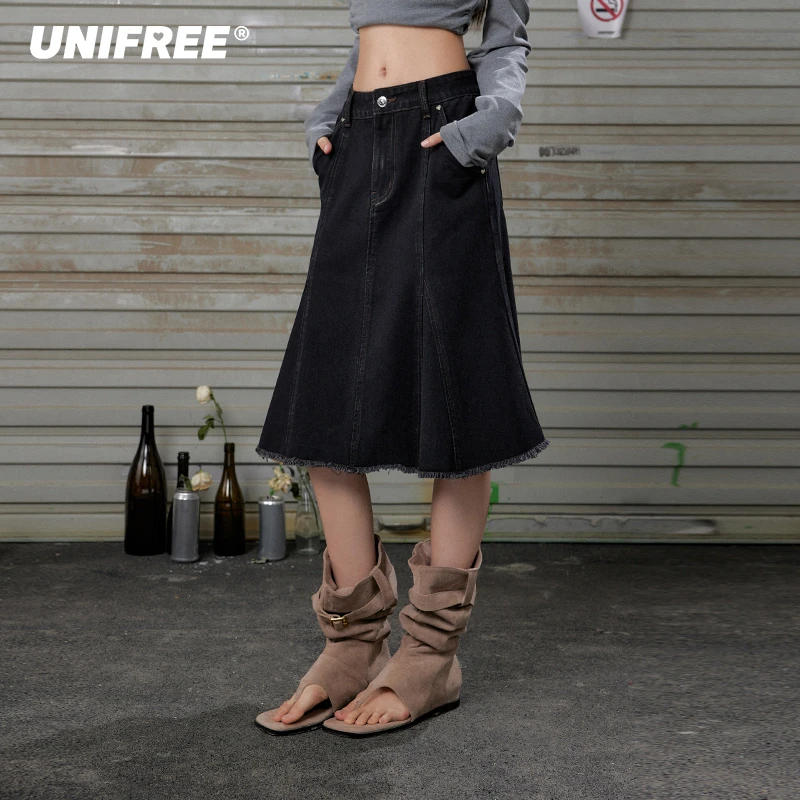 【25年春】低腰牛仔半身裙黑色复古百搭鱼尾裙包臀长款裙
