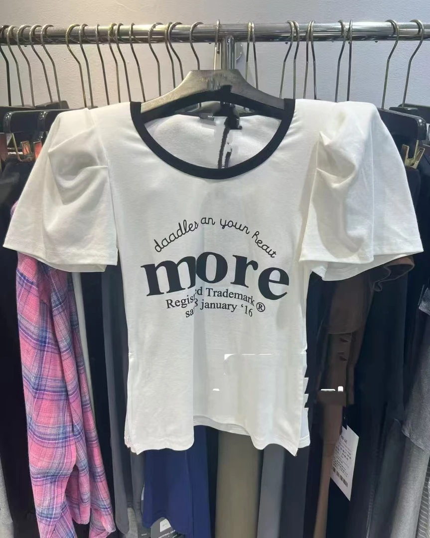 【可乐优选】U领拼色字母开衩泡泡袖短袖上衣