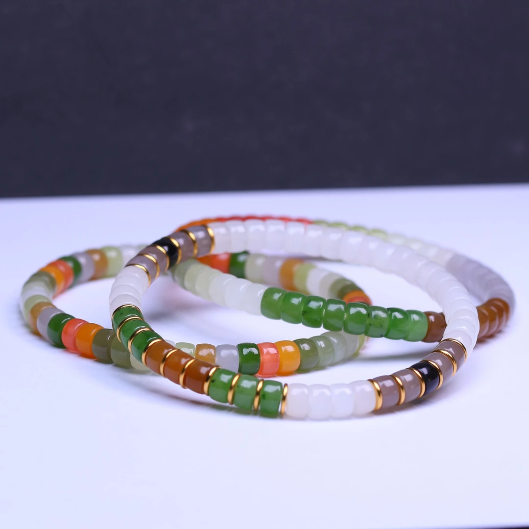 【上品典藏】和田玉单圈6mm药片彩虹手串手工制作撞色搭配国风轻奢