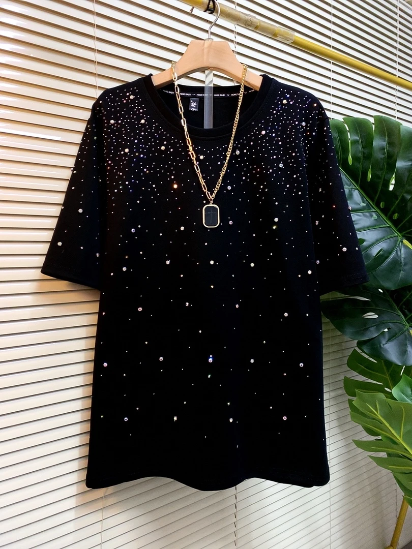 早春新款大码女装时尚重工钉珠圆领短袖T恤上衣