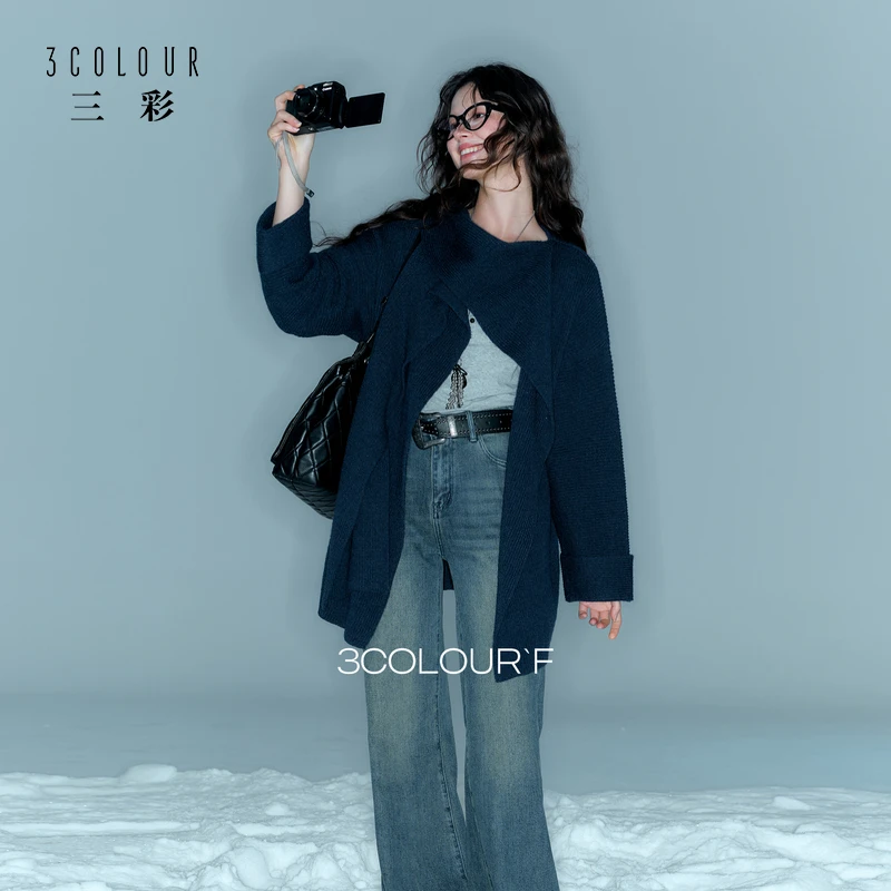 三彩独醒2025冬季新款围巾领针织衫长袖开衫设计感毛衫宽松F